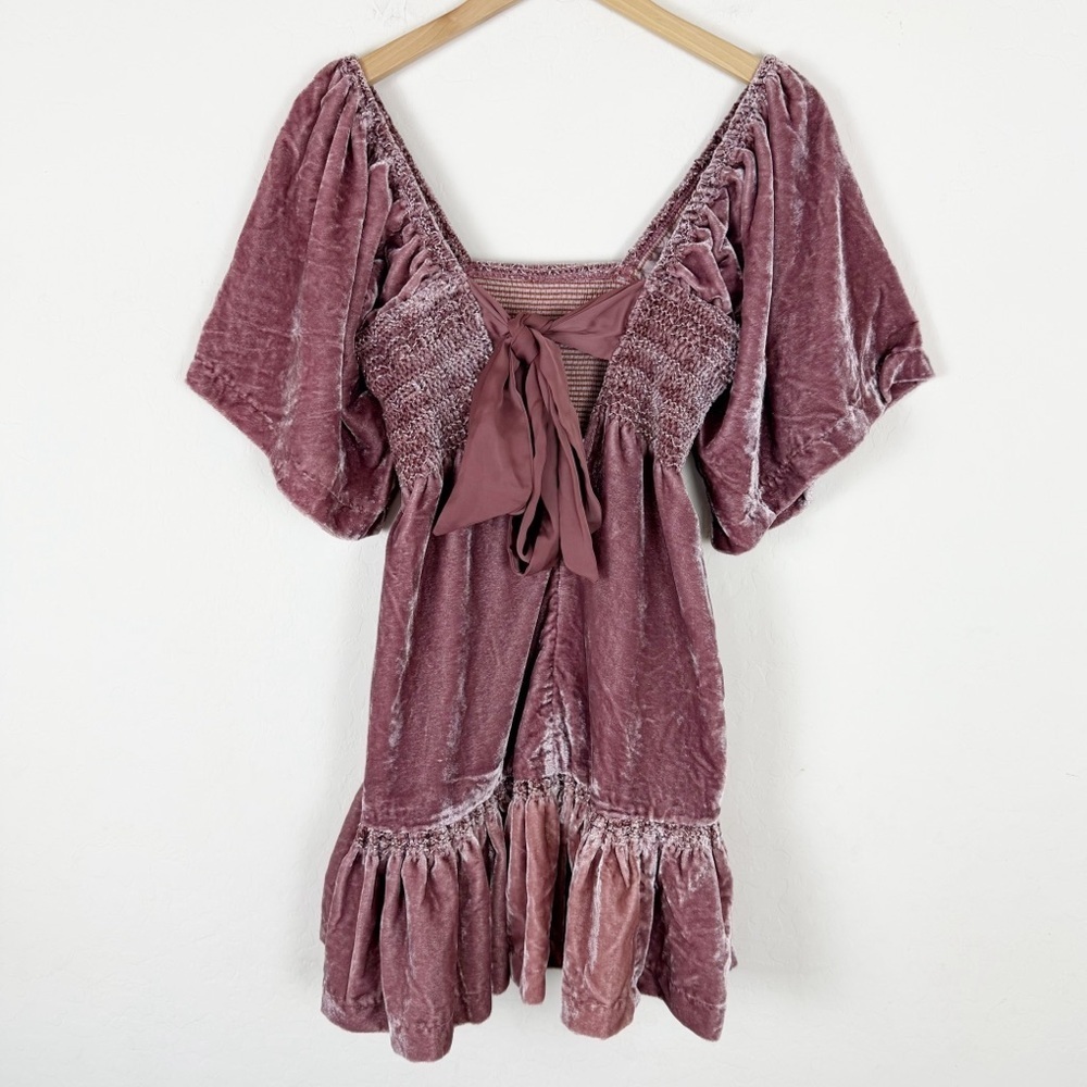 Free People Easy To Love Mini Dress Pink Velvet Smocked Bow Fairy Babydoll - Picture 5 of 11
